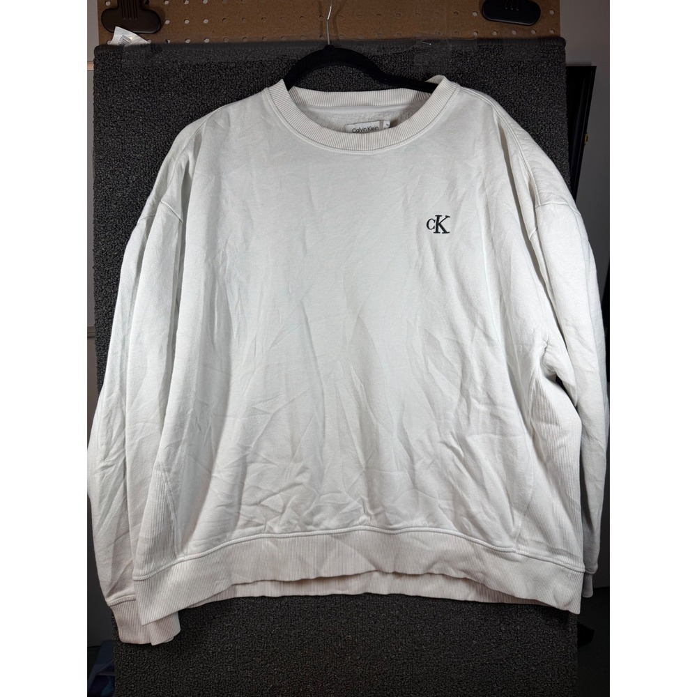 Calvin Klein Sweatshirt Mens M White Relaxed Fit Crewneck Logo Pullover 393